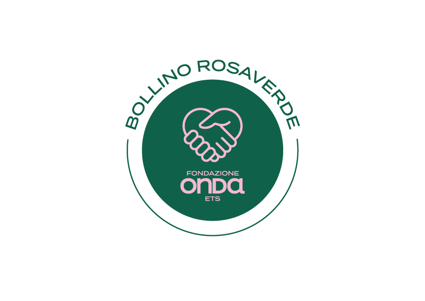 Logo del Bollino Rosa Verde, due mani che si uniscono a forma di cuore, con il logo Onda, fondazione promotrice dell'iniziativa